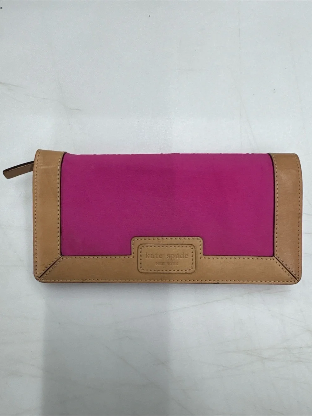 Kate Spade Hot Pink Canvas Tan Vachetta Leather Long Wallet Money Card Holder
